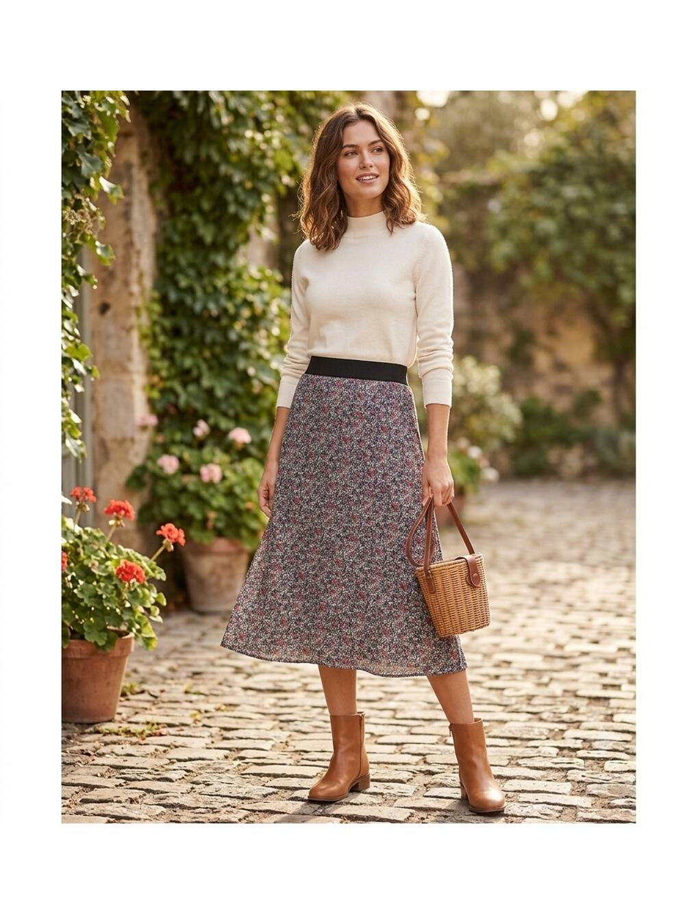 LOFT Ditsy Floral Print A-Line Midi Skirt Size Medium Cottagecore Boho Flowy M